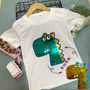 男童短袖t恤恐龙机器猫2024夏新款儿童装棉上衣女孩翻面变色亮片