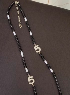 王一博同款黑色琉璃串珠5号黑白配项链长款甜酷复古毛衣链欧美潮