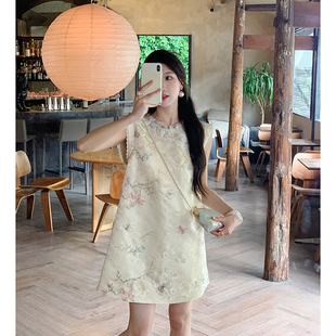 果果家 新中式无袖高腰刺绣蕾丝夏季中长款短裙2025女绣花连衣裙