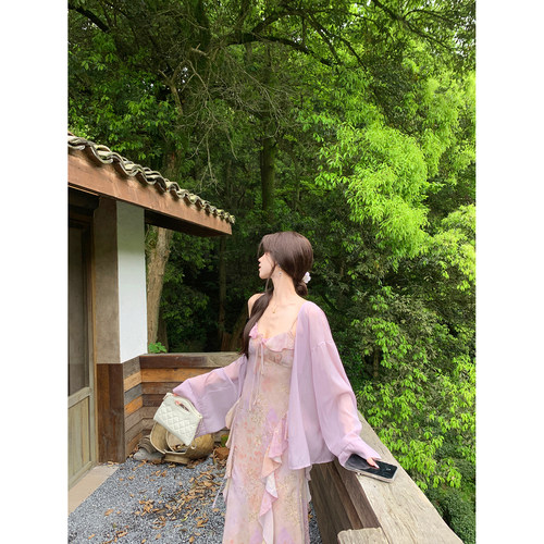 果果家 现货秒发/法式夏季新款吊带连衣裙女时尚百搭开衫两件套