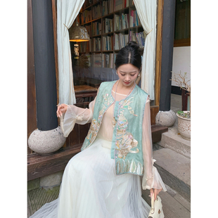 马甲2026新款 国风圆领薄纱外穿上衣 吉象刺绣钉珠新中式 果果家