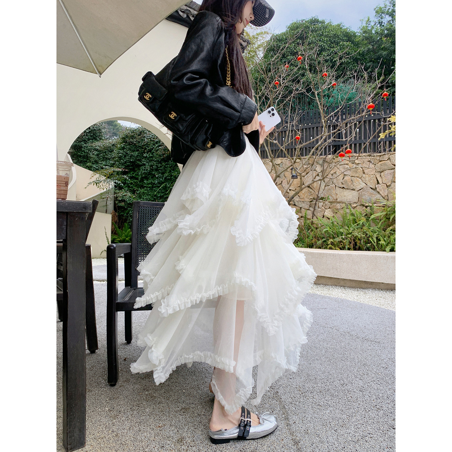 果果家 不规则网纱蛋糕裙女春季2026年新款木耳边网纱拼接半身裙