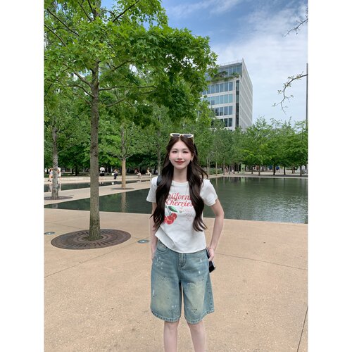 果果家   2026夏季新款设计感水洗蓝色牛仔中裤女宽松阔腿五分裤