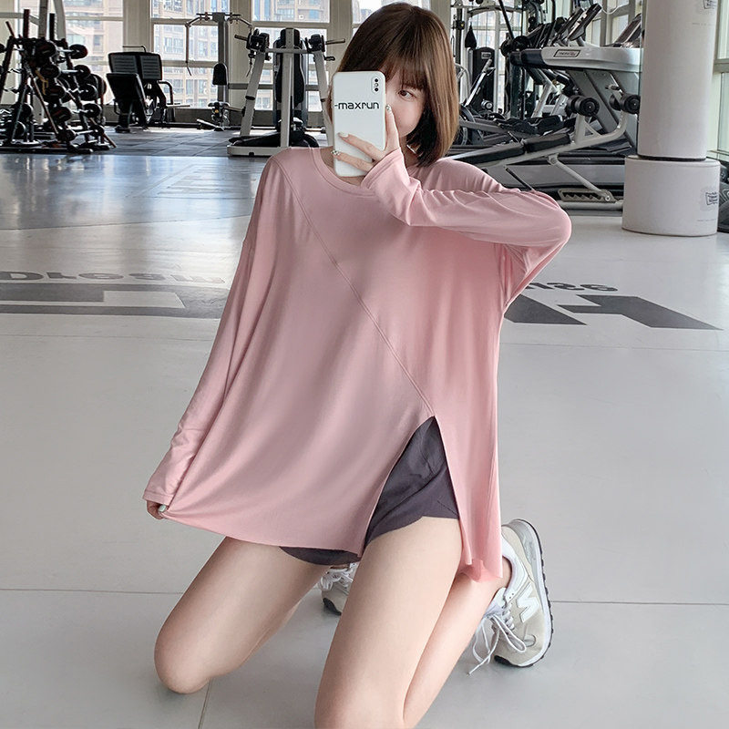 开叉运动上衣女宽松跑步罩衫速干T恤大码胖mm健身服长袖瑜伽长袖