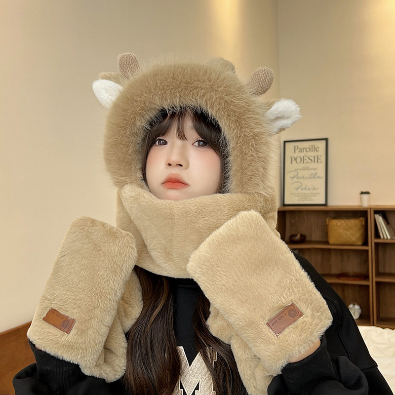 帽子女新款冬季可爱围巾手套加厚保暖护耳麋鹿帽一体三件套暖RA