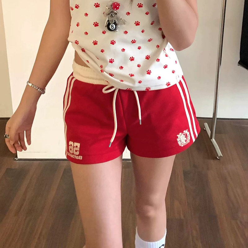 美式辣妹条纹运动短裤女夏季健身跑步热裤高腰显瘦阔腿三分瑜伽裤