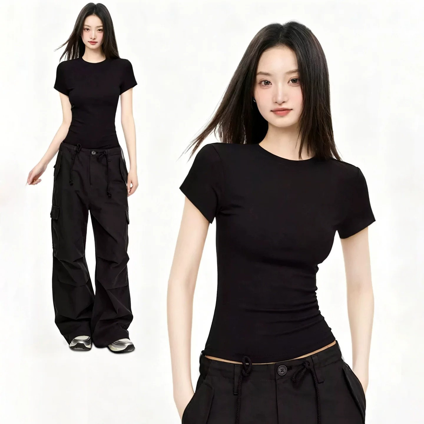 黑色正肩短袖t恤女2026夏季新款修身收腰显瘦简约圆领瑜伽服上衣