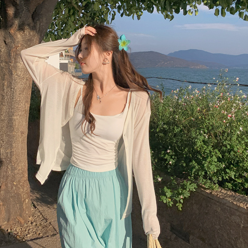 白色外搭开衫夏季吊带裙外搭莱赛尔防晒罩衫针织外套空调衫上衣