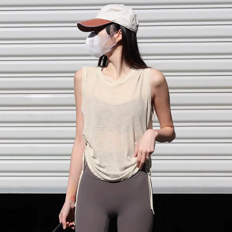 无袖抽绳运动背心女夏薄款宽松速干罩衫大码小个子瑜伽健身服上衣
