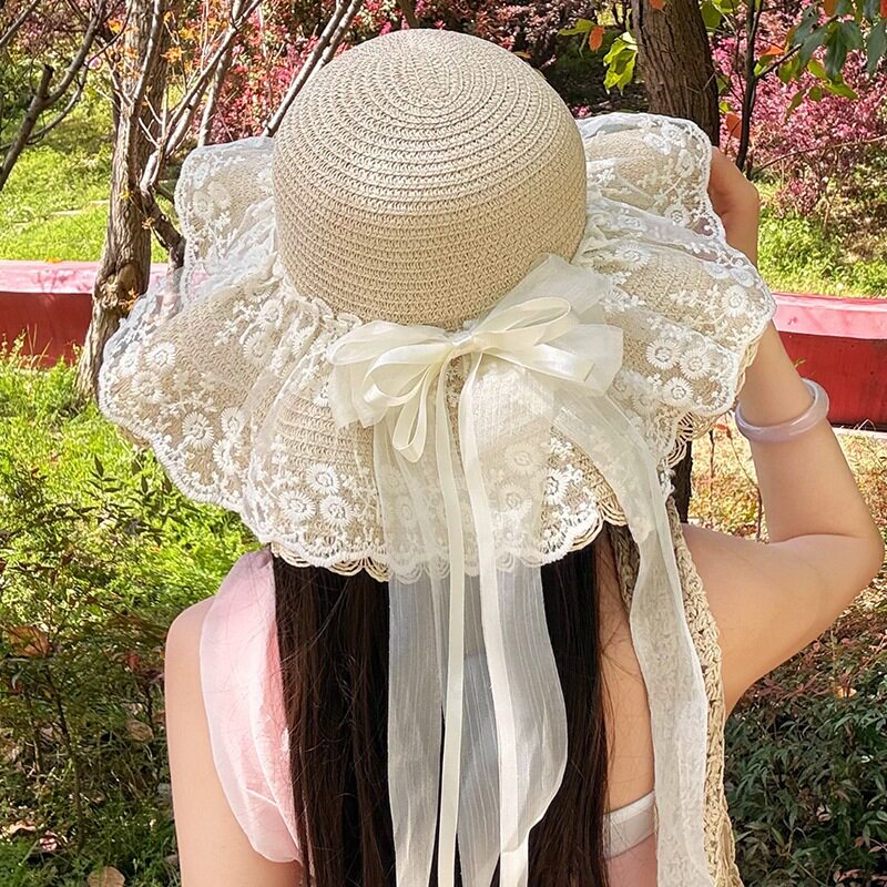 森系田园风蕾丝蝴蝶结草帽女夏季出游海边度假沙滩帽大帽檐防晒帽