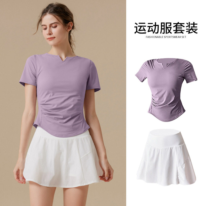 运动套装女夏季2026新款网球服瑜伽上衣大码跑步训练速干百褶短裙