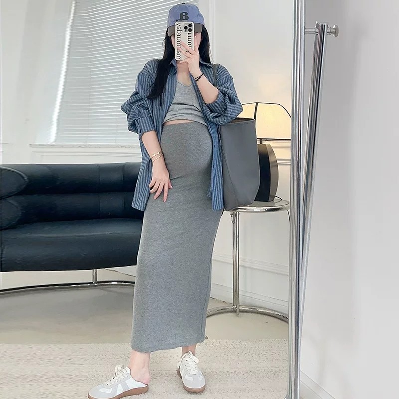 无托腹孕妇针织半身裙子女春夏季薄款孕期小个子灰色直筒包臀长裙
