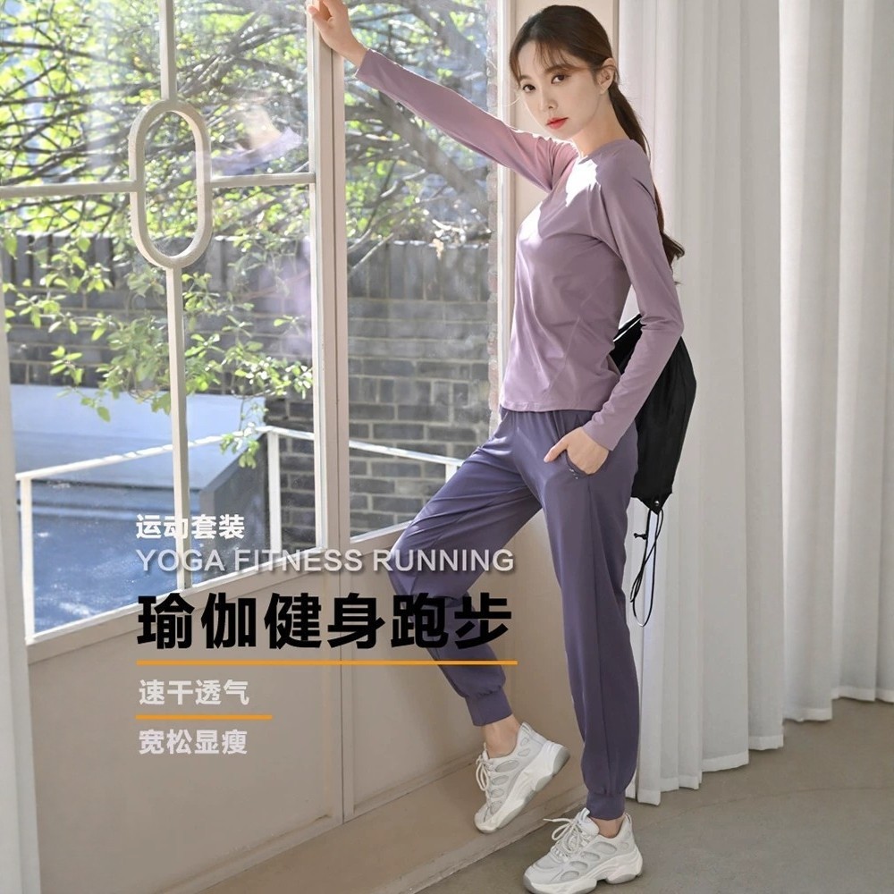 透气速干健身套装女大码胖mm春夏季跑步骑行瑜伽服长裤上衣两件套