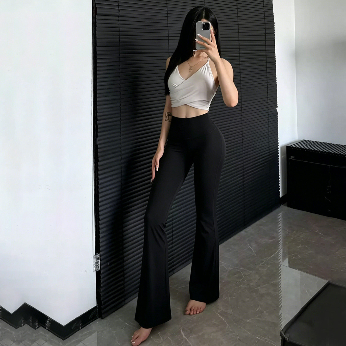 瑜伽裤女夏季提臀微喇紧身黑色运动舞蹈瑜伽服训练服健身喇叭裤子