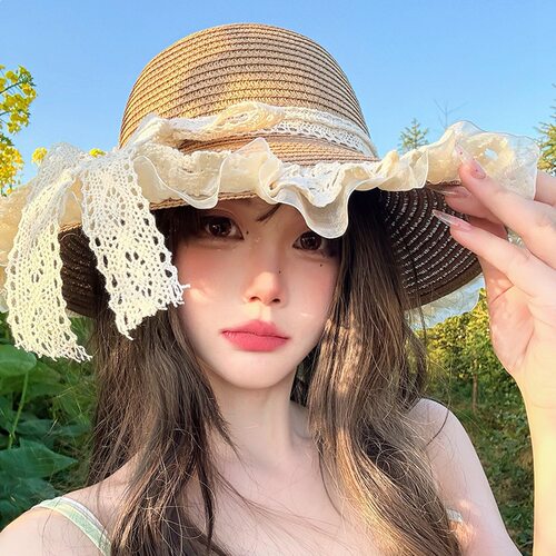 花边蝴蝶结遮阳草编帽子女夏天田园风大帽檐防晒帽出游度假沙滩帽