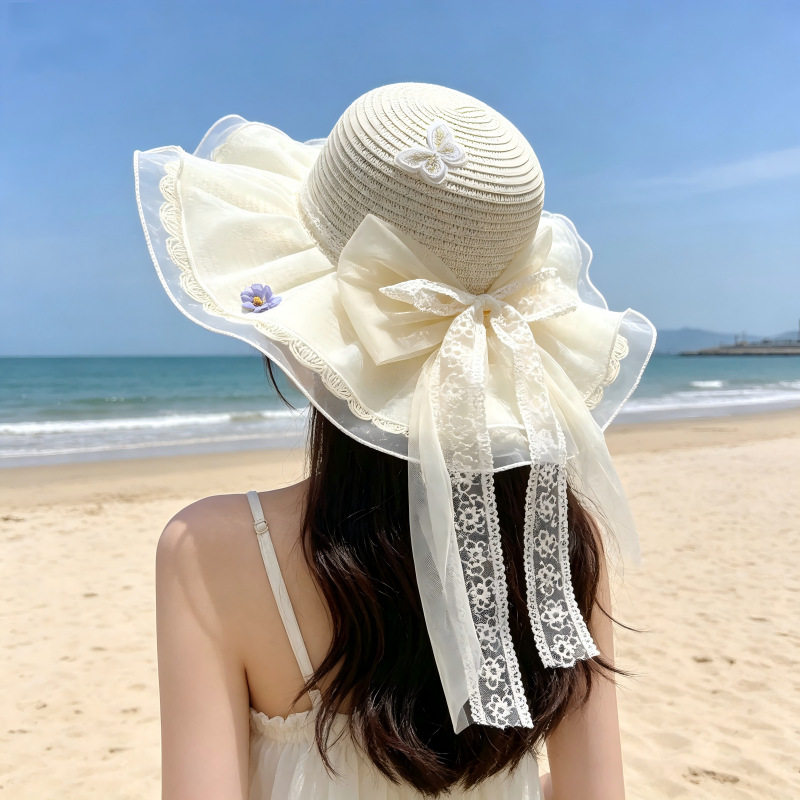 蕾丝飘带蝴蝶结草帽子女夏季法式户外海边沙滩帽大帽檐遮阳防晒帽