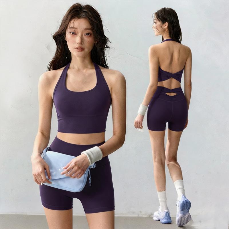 挂脖运动内衣女紫色瑜伽服套装外穿美背一体式普拉提训练瑜伽背心