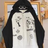 宅萌撞色拉链卫衣秋冬亚文化甜妹漫画拼接帽衫 Daiwing 日系二次元