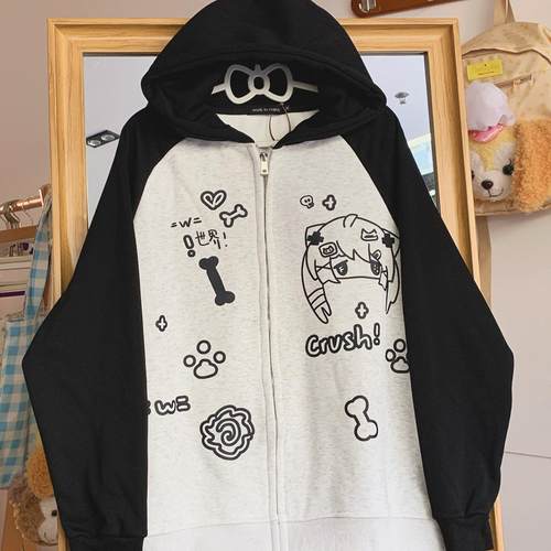 Daiwing 日系二次元宅萌撞色拉链卫衣秋冬亚文化甜妹漫画拼接帽衫