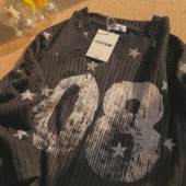 Daiwing 宽松bf慵懒风黑色上衣 T恤男女春季 美式 复古星星印花长袖