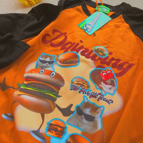 Daiwing插肩袖猫猫拼色情侣长袖