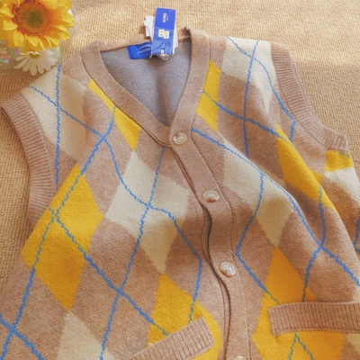 Daiwing 日系菱格拼色v领无袖毛衣秋冬学院风情侣针织开衫马甲