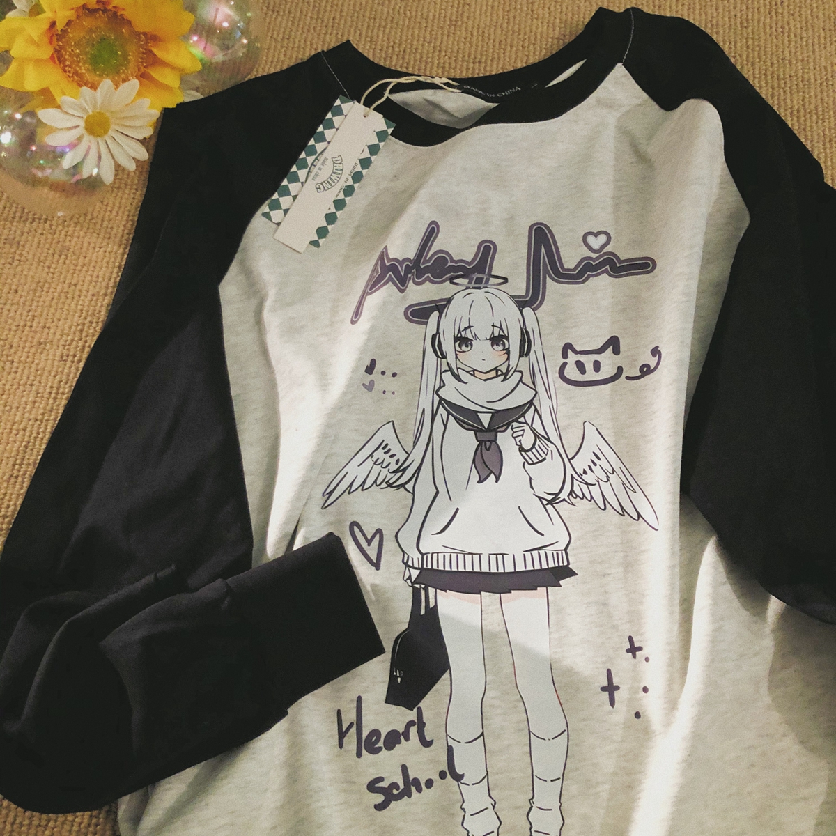 Daiwing 黑色系甜酷风 早秋可爱宅萌甜妹情侣宽松拼色插肩长袖t恤