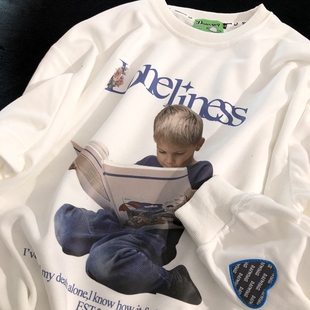 Daiwing 人间好时节 秋冬宽松爱心刺绣上衣美式古着情侣圆领卫衣