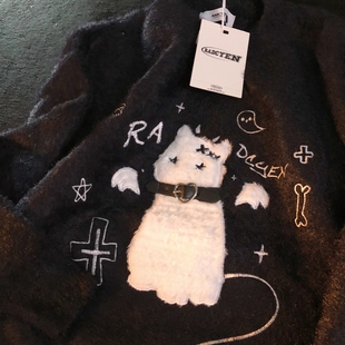 Daiwing 春季马海毛猫咪刺绣薄毛衣美式古着卡通卡扣拼接针织衫