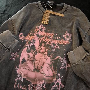 Daiwing 好凉爽的天气 早秋chic上衣美式天使古着情侣洗水长袖t恤