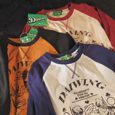 Daiwing 开开心心 全力以赴 秋季男女拼接插肩长袖情侣宽松T恤