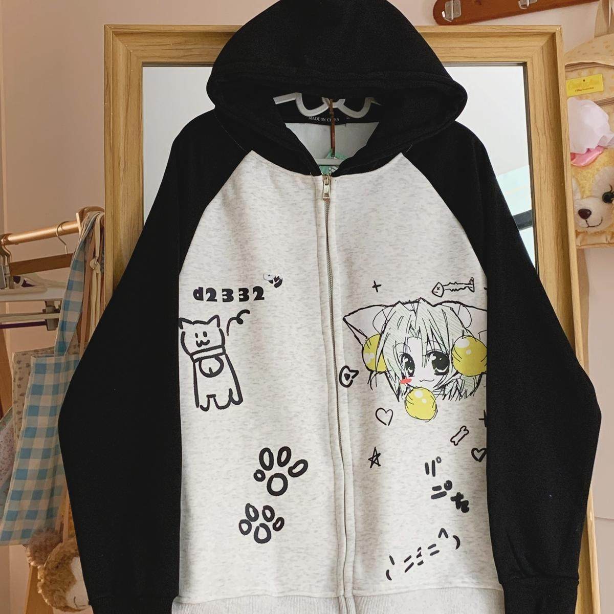 Daiwing 六花小宅二次元动漫拼色连帽卫衣日系秋冬软妹拉链帽衫
