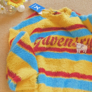 Daiwing 条纹拼色情侣慵懒毛衣秋冬披肩绣花软糯古着针织外套 美式