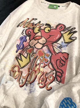 Daiwing卡通粉红豹情侣圆领卫衣