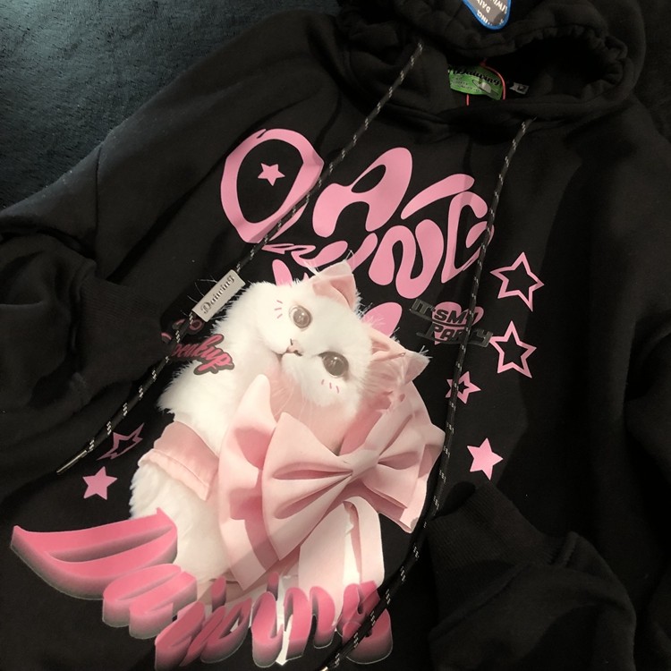 DAIWING 100% 활력 가을 겨울 플러스 벨벳 달콤하고 시원한 까마귀 미국 학생 고양이 커플 후드 티셔츠