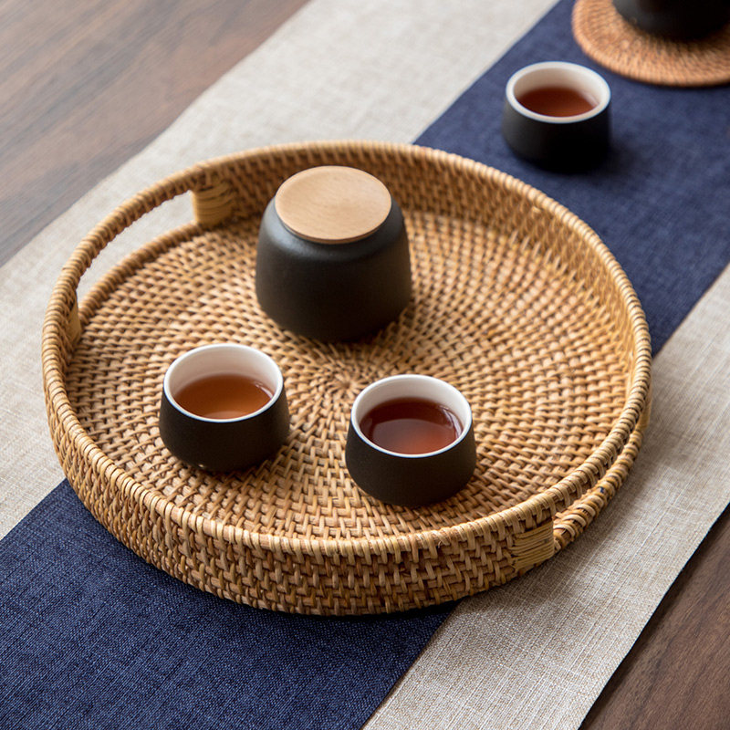【清仓捡漏】越南藤编简约茶杯茶具托盘家用手工编织圆形茶托盘
