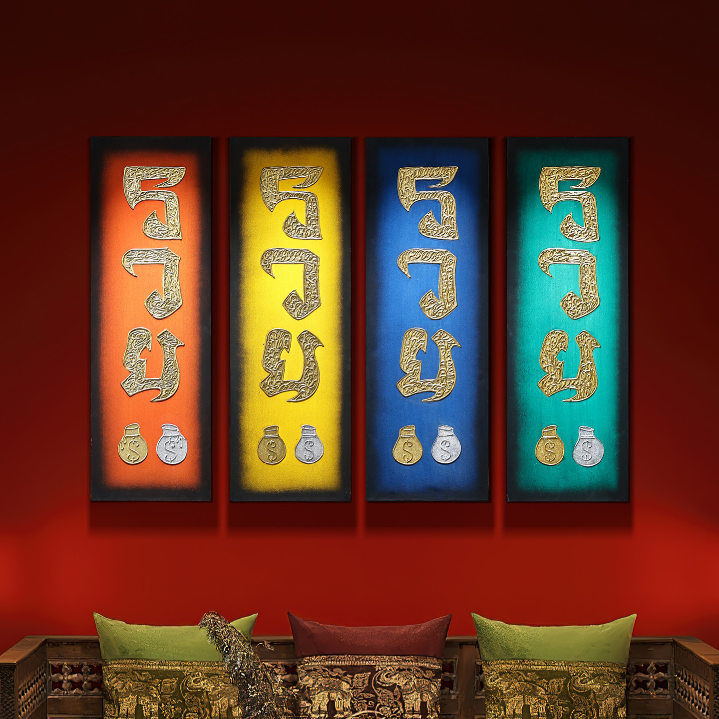异丽泰国描金四联装饰画传统泰文吉祥宝瓶手工异域风客厅玄关壁画