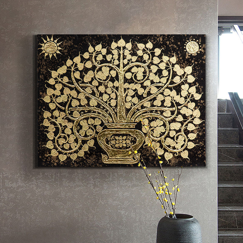 东南亚金箔画酒店客厅卧室书房壁画客厅装饰画玄关走廊菩提树挂画