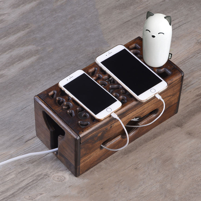 异丽实木集线盒电源整理盒插线板插排插座电线充电器收纳盒集线器