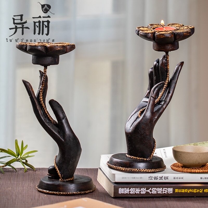 优选泰国香薰蜡烛台创意佛手莲花烛台复古实木蜡台摆件烛光晚餐用