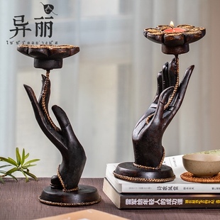 泰国香薰蜡烛台创意佛手莲花烛台复古实木蜡台摆件烛光晚餐用品