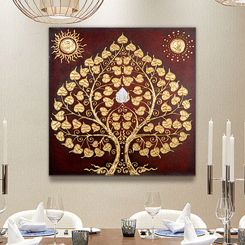 东南亚壁画泰国金箔手绘挂画客厅沙发背景墙入口走廊菩提树装饰画