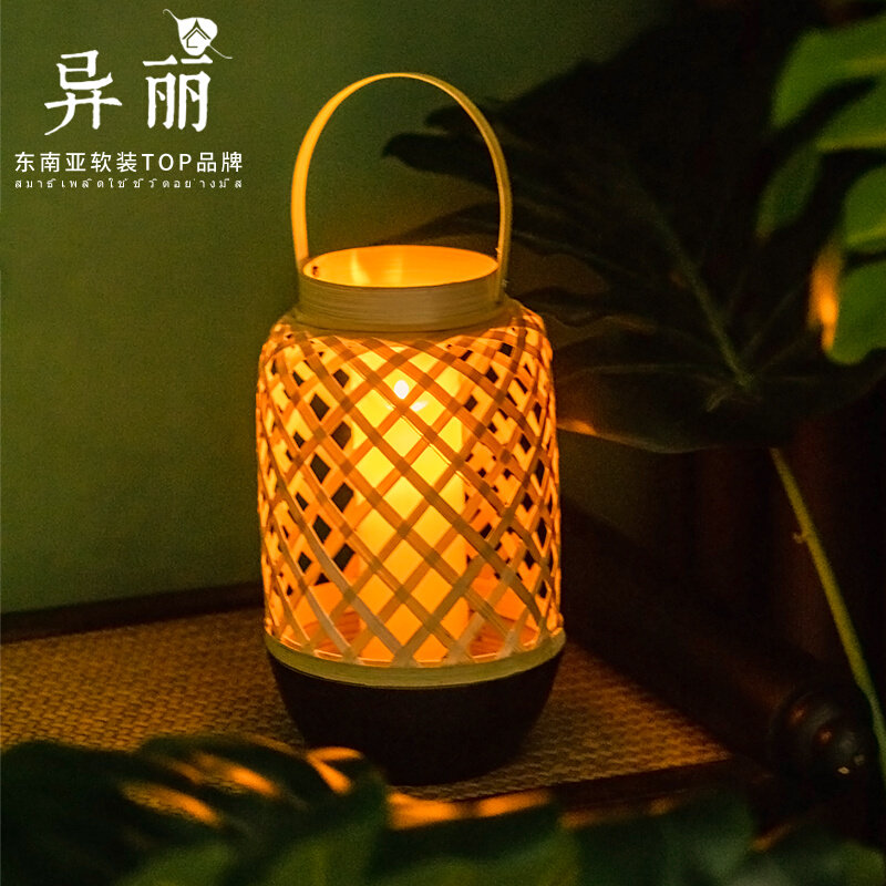 异丽中式竹编手提风灯落地古风灯笼烛台阳台餐桌蜡烛台复古灯摆件_虎窝淘