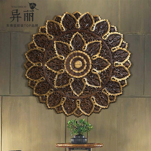 东南亚进口木雕工艺 泰式门厅描金镂空雕花板客厅背景墙装饰壁饰