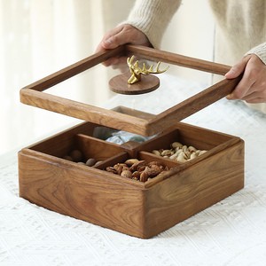 异丽中式实木干果盒糖果盒客厅家用分格带盖干果盘茶几零食收纳盒