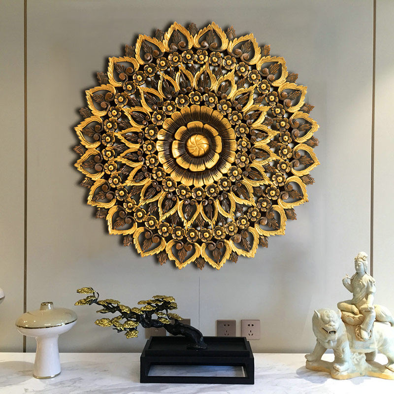 美容院装修壁挂泰国柚木雕雕花板莲花镂空雕花板圆形木雕墙饰