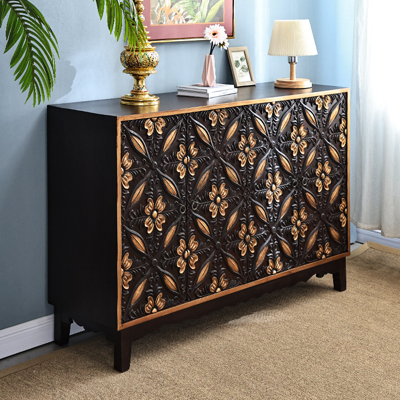 异丽泰国新中式榆木玄关柜储泰式隔断鞋柜东南亚风格实木雕花柜子