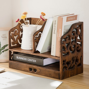 创意复古实木桌面收纳架书桌置物架桌上书架书柜办公室木质文件架