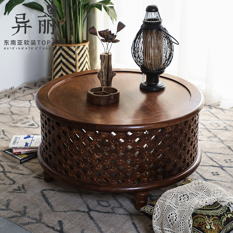 异丽泰式家具茶桌东南亚风老榆木圆形茶几新中式客厅家用实木茶台