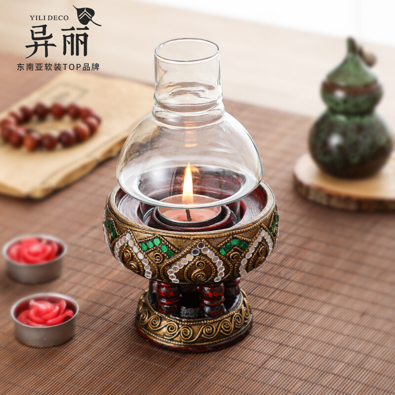 异丽实木蜡烛台烛台复古户外防风风灯走马灯泰式东南亚餐桌摆件